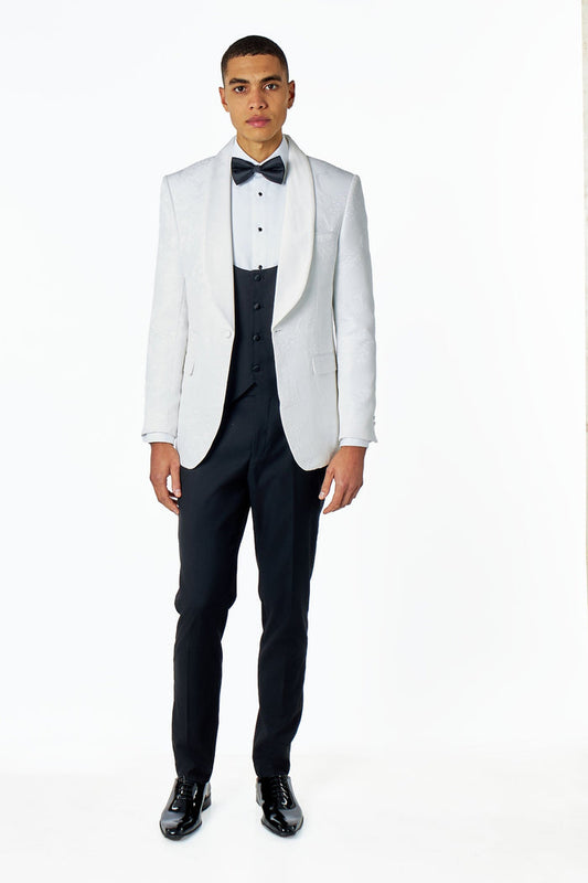 HENRY – WHITE 3 PIECE TUXEDO SUIT DAMASK FLOCKED JACQUARD PRINTED