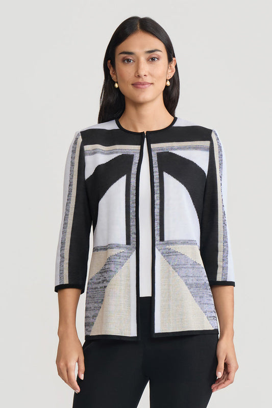 Heritage Colorblock Intarsia Knit Jacket, Limestone/Black/White | Ming Wang