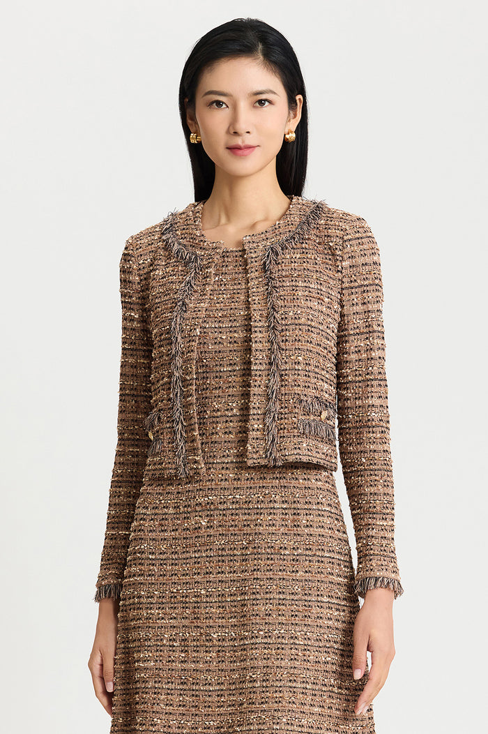 Heritage Eyelash Tweed Knit Jacket, Warm Taupe/Black | Ming Wang