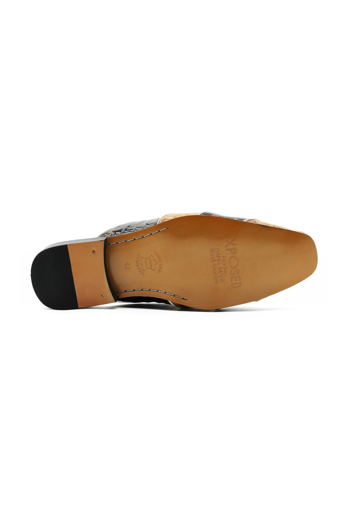 High Shine Real Leather Half Shoes Black Beige Printed