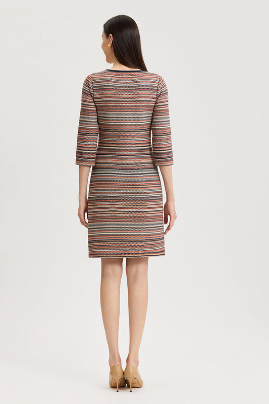Horizontal Multi-Stitch Knit Sheath Dress, Warm Taupe/Indigo/French Almond/Sienna/Ivory | Ming Wang