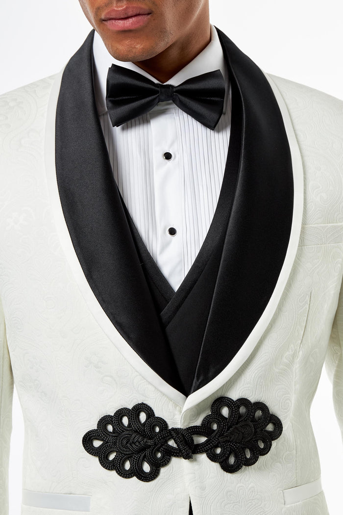 Ivory & Black Jacquard 2 Piece Wedding Tuxedo Suit