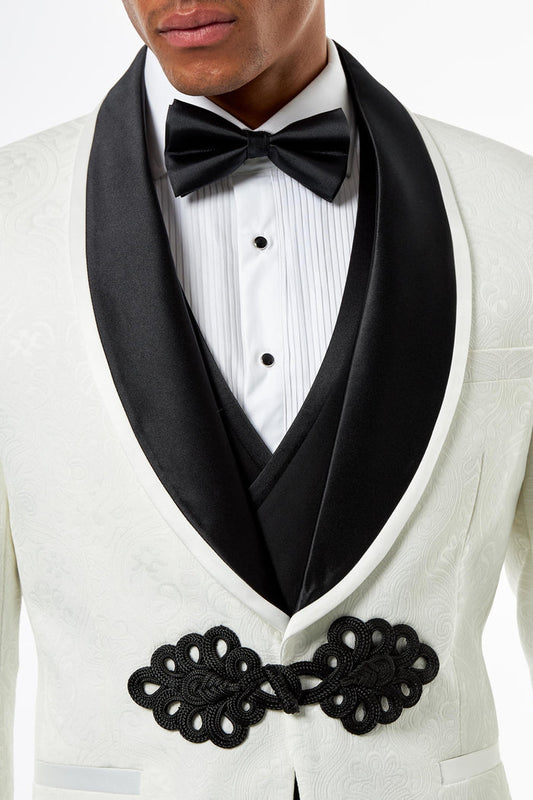 Ivory & Black Jacquard 2 Piece Wedding Tuxedo Suit