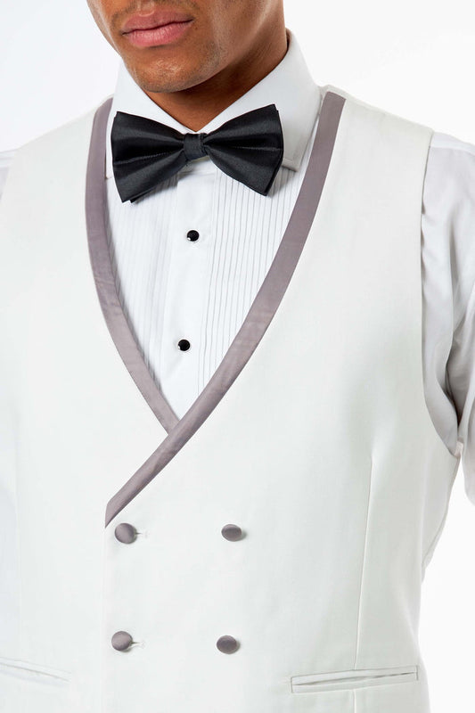 Ivory Double-Breasted Grey Satin Trim Wedding Waistcoat