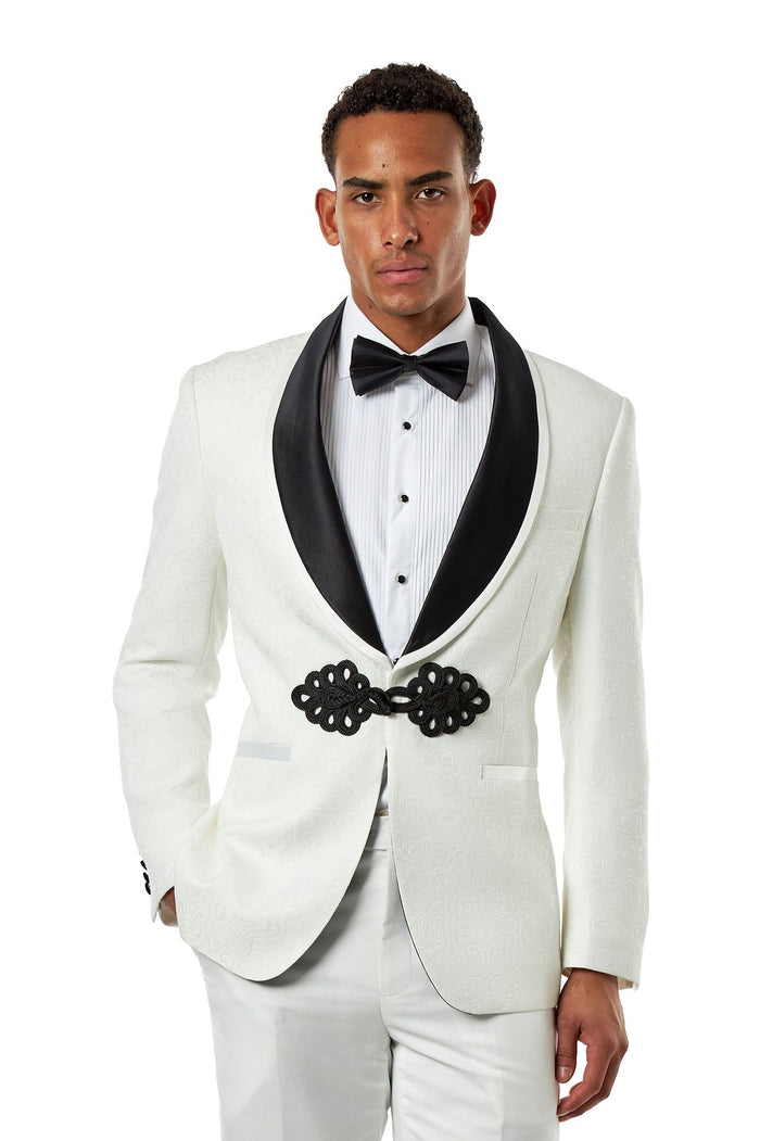 Ivory Jacquard Black Satin Lapel Tuxedo Jacket