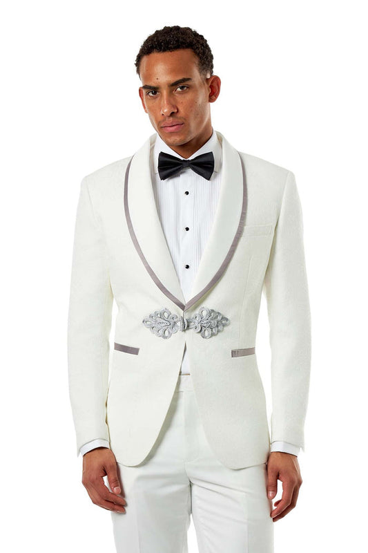 Ivory Jacquard Satin Trim Tuxedo 2-Piece Wedding Suit