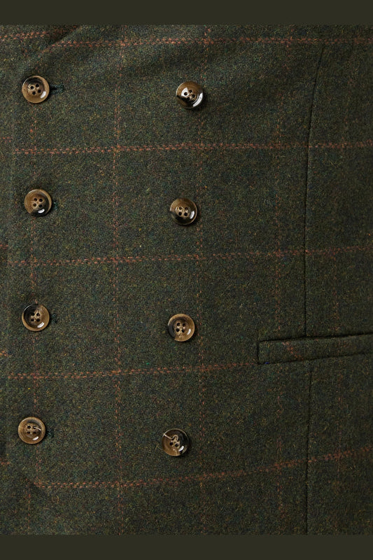 JUDE TWEED CHECK DOUBLE BREASTED GREEN WAISTCOAT