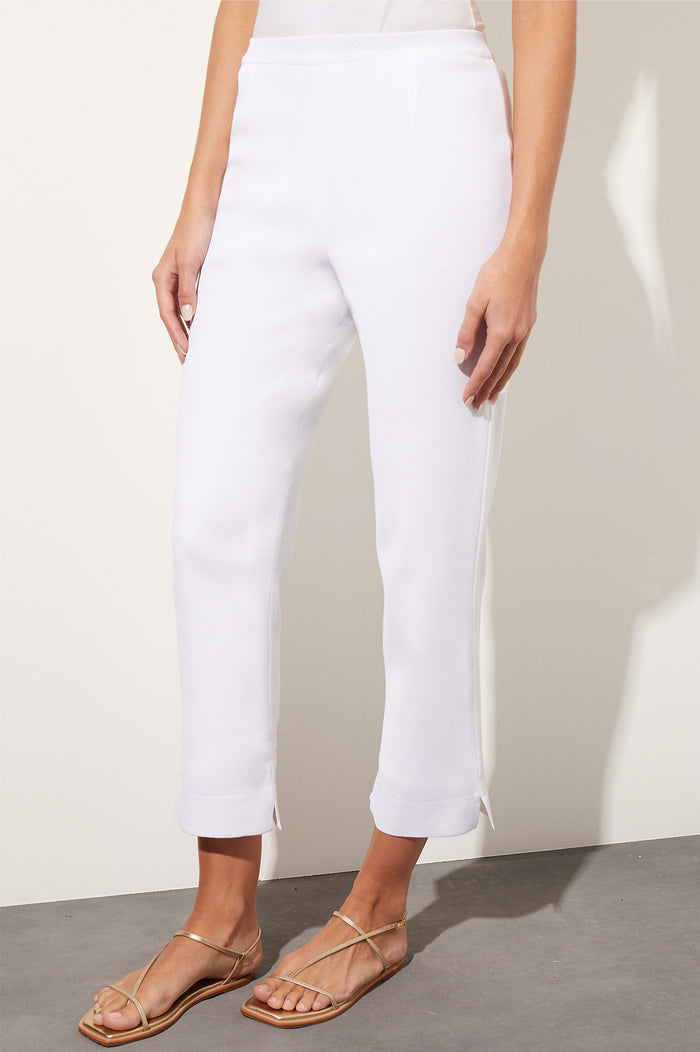 Lined Straight Leg Knit Ankle Pant, White | Ming Wang