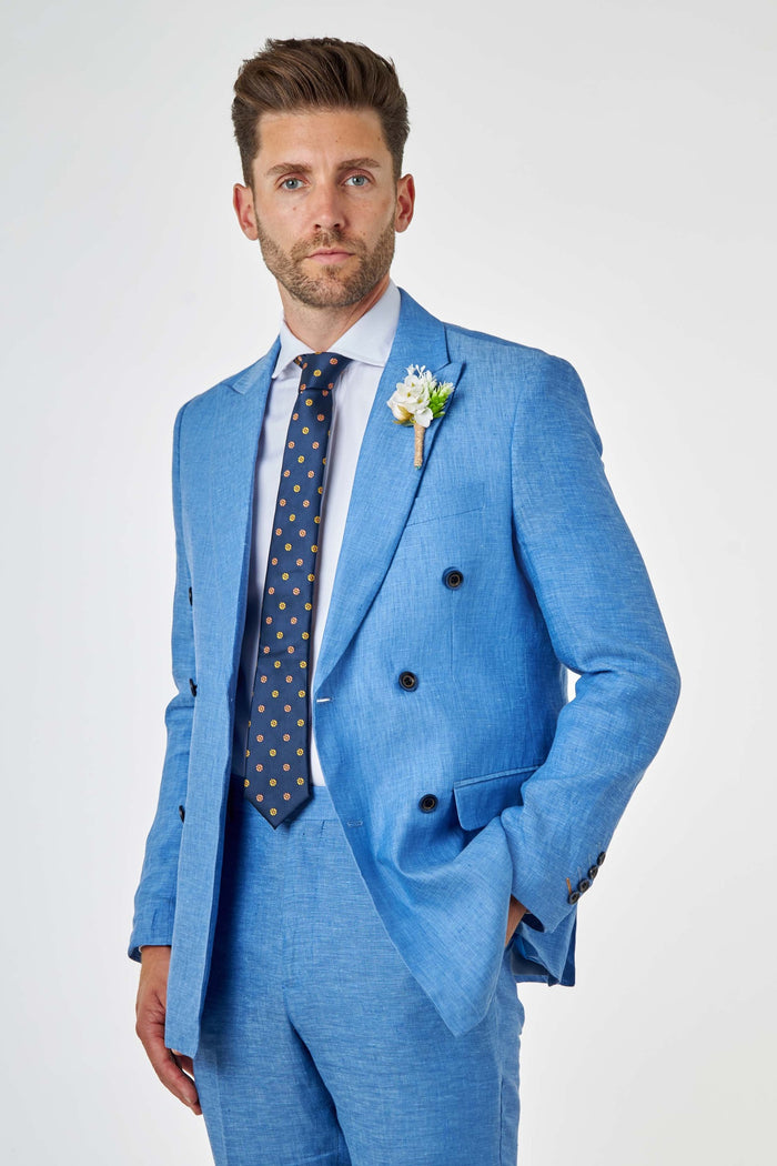 Tailored Fit Double Breasted Pure Linen Light Blue Summer Suit
