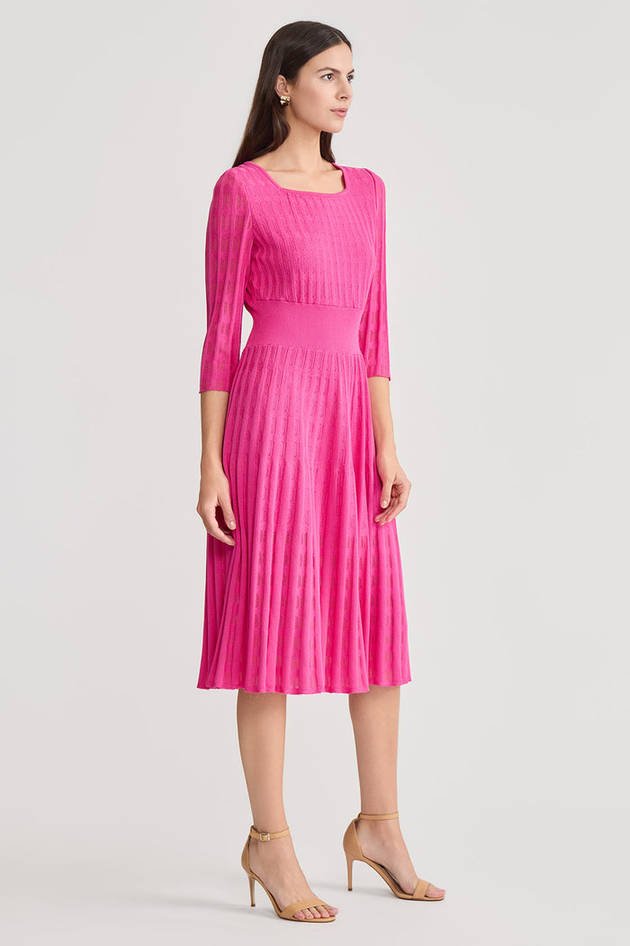 Linear Pointelle Tonal Knit Fit-N-Flare Midi Dress, Carmine Rose, Carmine Rose | Ming Wang