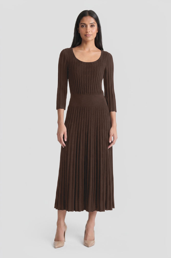 Linear Pointelle Tonal Knit Fit-N-Flare Midi Dress, Dark Umber, Dark Umber | Ming Wang