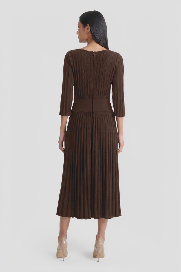 Linear Pointelle Tonal Knit Fit-N-Flare Midi Dress, Dark Umber, Dark Umber | Ming Wang