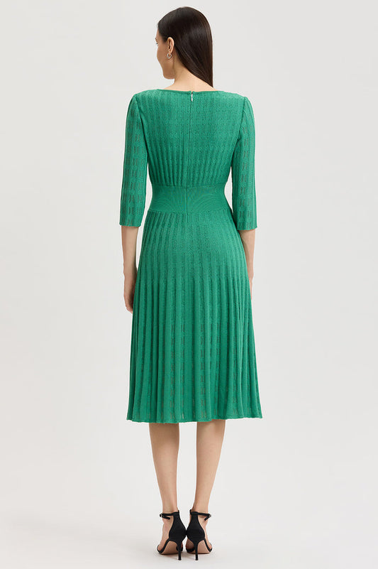 Linear Pointelle Tonal Knit Fit-N-Flare Midi Dress, Kelly Green, Kelly Green | Ming Wang