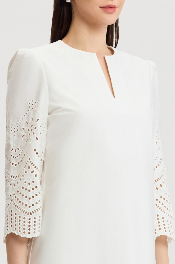 Lined Eyelet Straight Cotton Maxi Dress, White | Ming Wang
