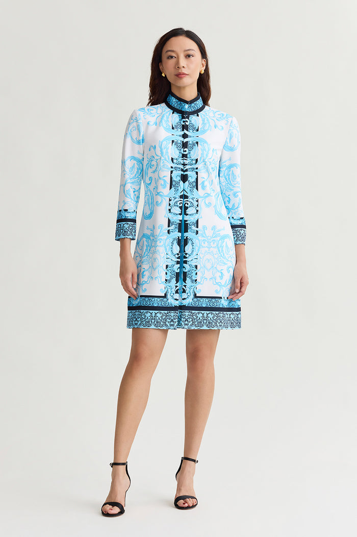 Heritage Lined Printed Stretch Deco Crepe Jacket, Serene/White/Black | Ming Wang