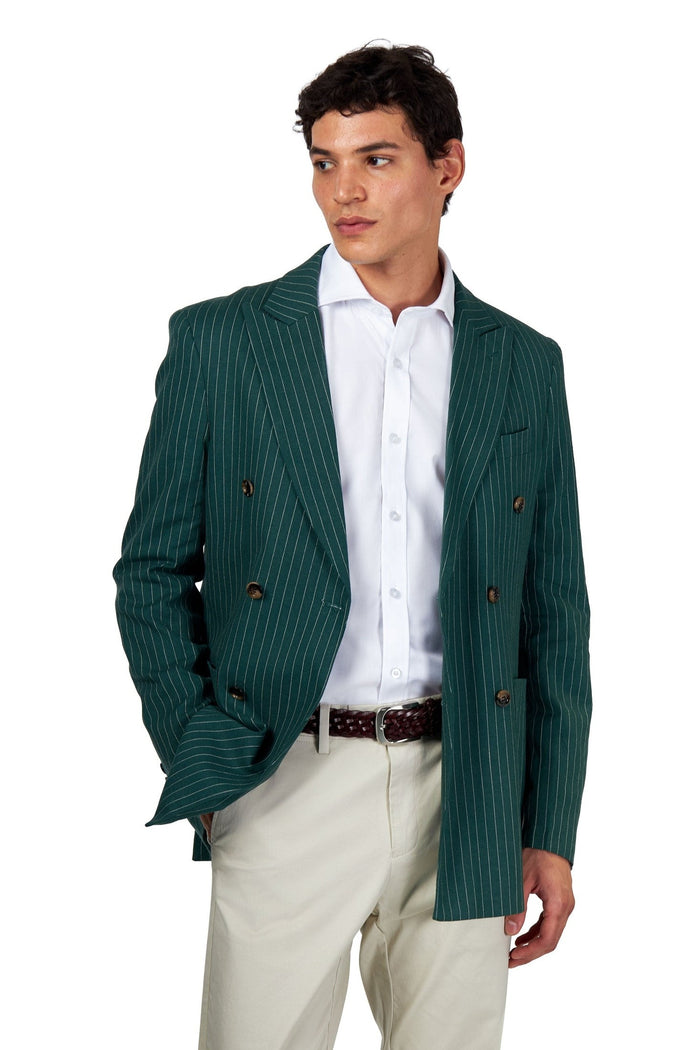LLOYD – Double Breasted Linen Jacket In Green Pinstripes