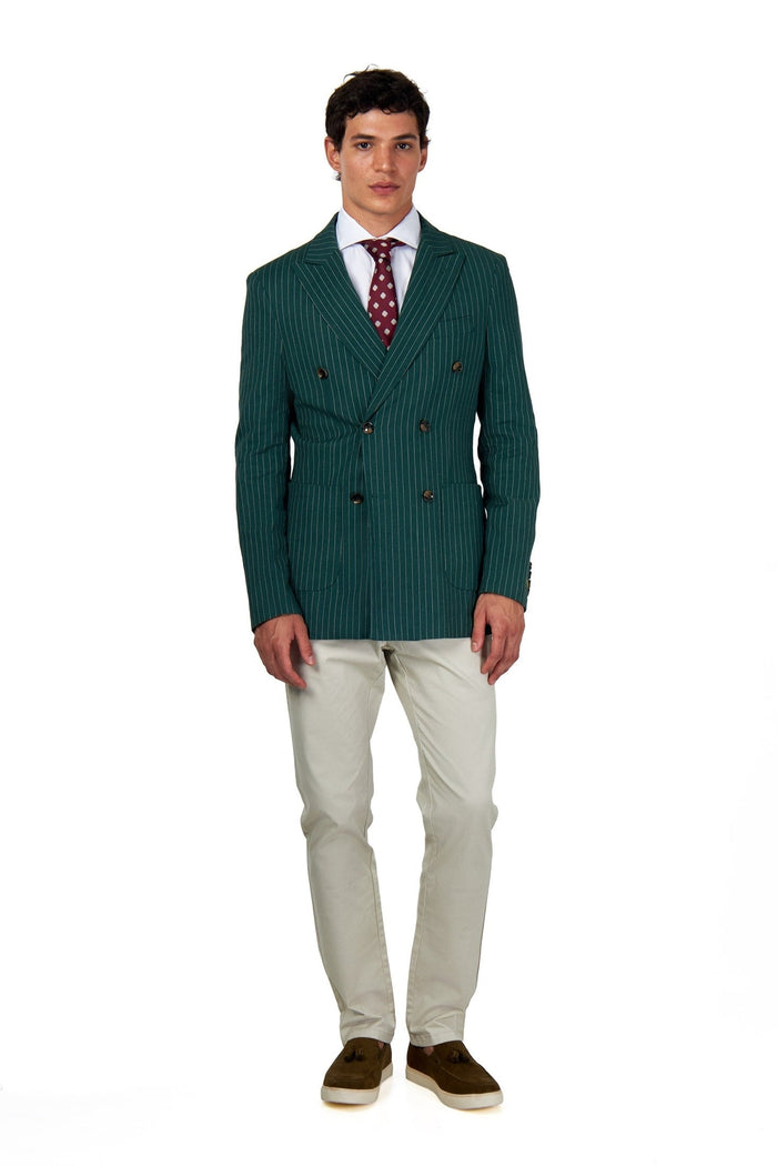 LLOYD – Double Breasted Linen Jacket In Green Pinstripes