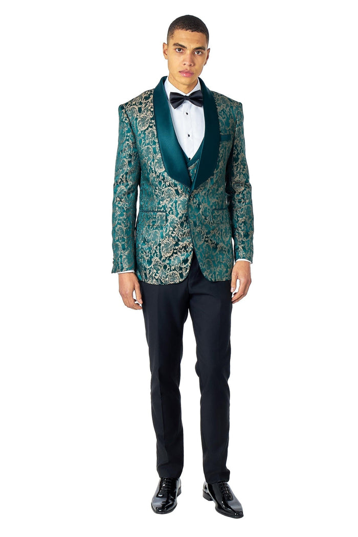 LOUIS – GREEN GOLD DAMASK PRINT 3 PIECE WEDDING TUXEDO SUIT