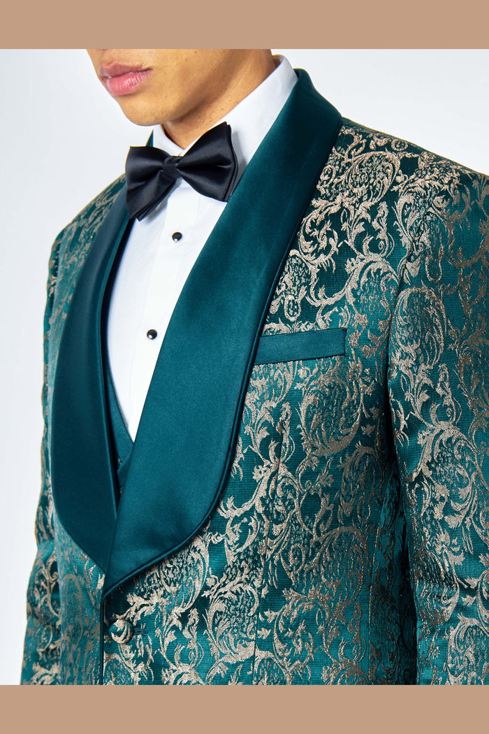 LOUIS – GREEN GOLD DAMASK PRINT 3 PIECE WEDDING TUXEDO SUIT
