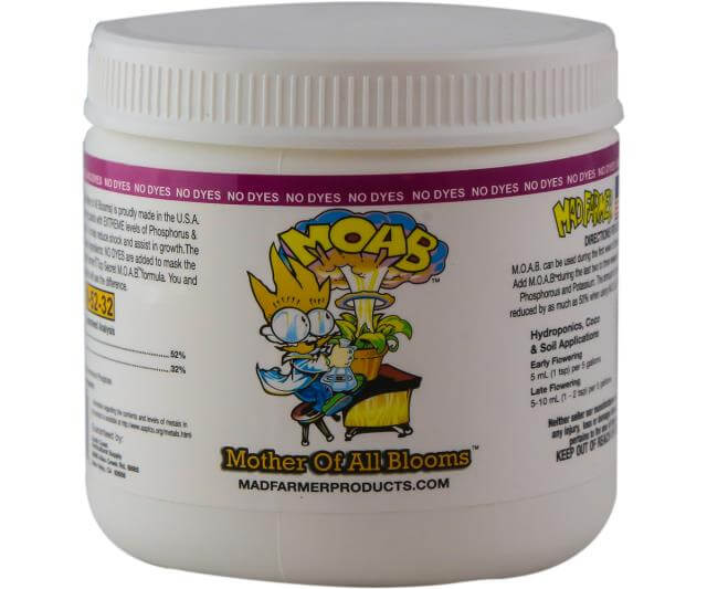 White plastic jar of M.O.A.B. fertilizer featuring a cartoon scientist and plant, with product info on the label.