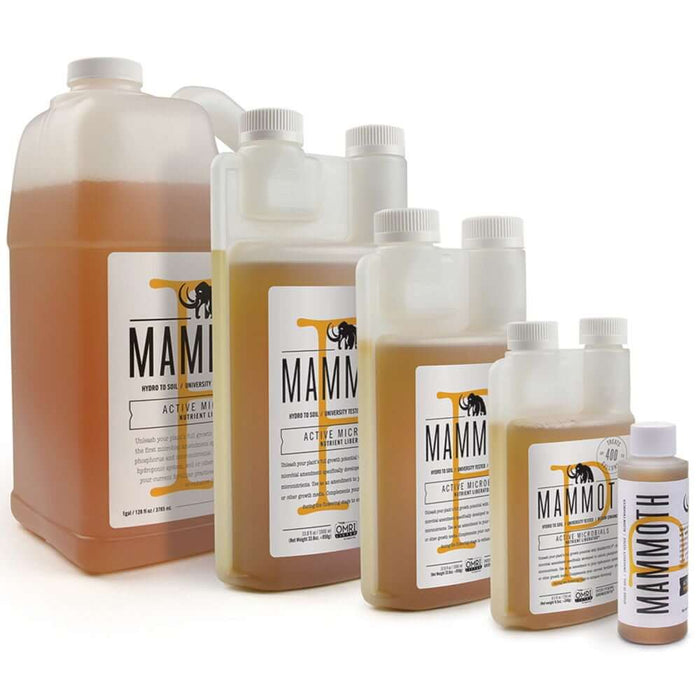 Five sizes of Mammoth P microbial nutrient bottles, arranged from largest to smallest on a white background.