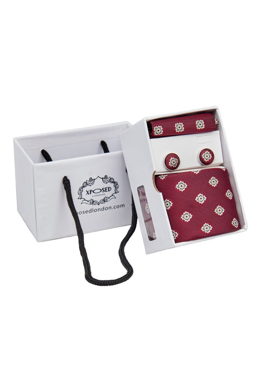 MAROON MINI FLORAL NECK TIE SET