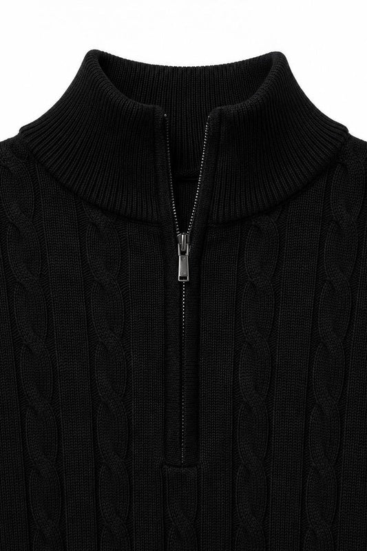 Men's Black 100% Cotton Fine Cable Knit Quarter Zip Neck Jumper