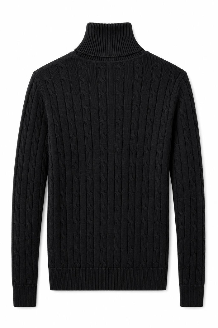 Men's Black 100% Cotton Fine Cable Knit Roll Neck Jumper