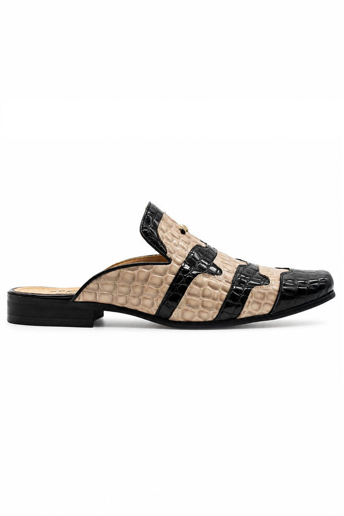Men’s Black & Beige Shiny Patent Print Half Shoes
