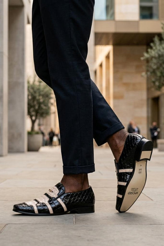 Men’s Black & Beige Shiny Patent Print Occasion Shoes