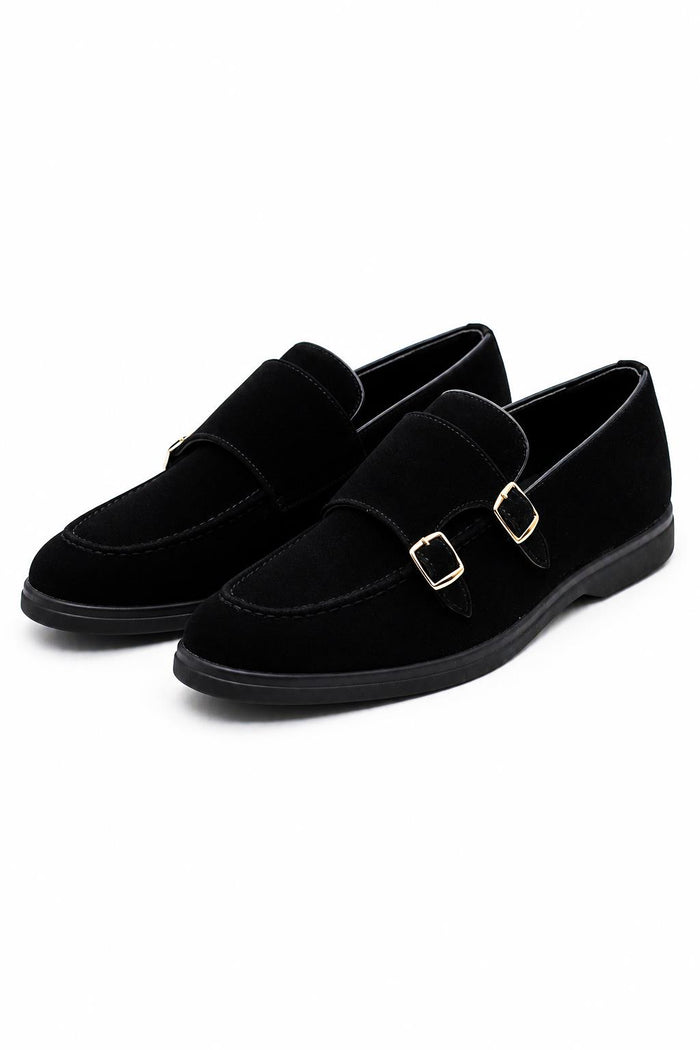 Men's Black Faux Suede Double Monk Strap Loafers