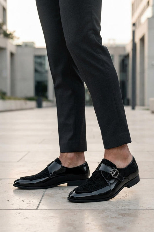 Men's Black Floral Velvet Monk Strap Dress Shoes