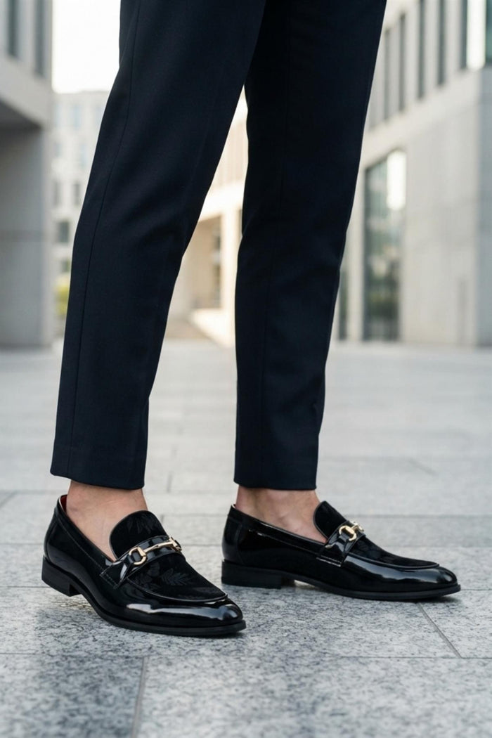 Men's Black Floral Velvet Patent Snaffle Dress Loafers