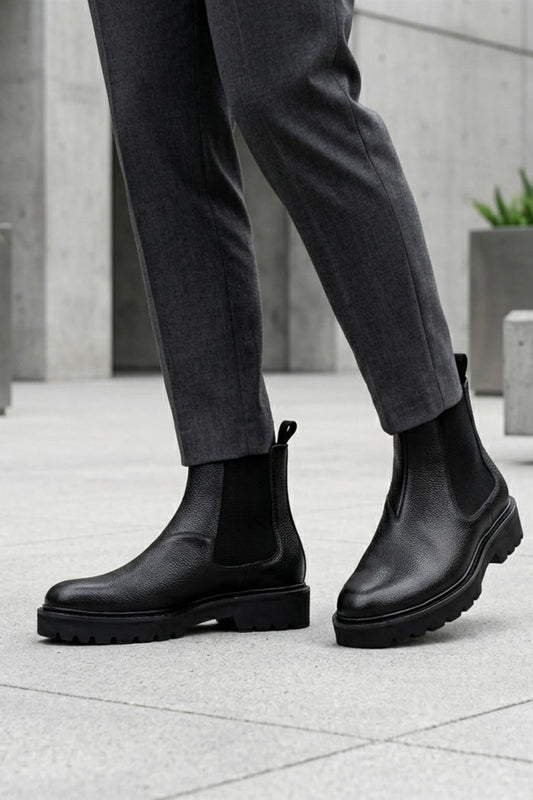Men’s Black Grain Leather Chelsea Boots Lightweight Chunky Sole