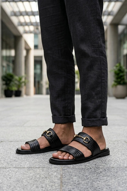 Men's Black Handmade Real Leather Snaffle Bit Open Toe Sandals
