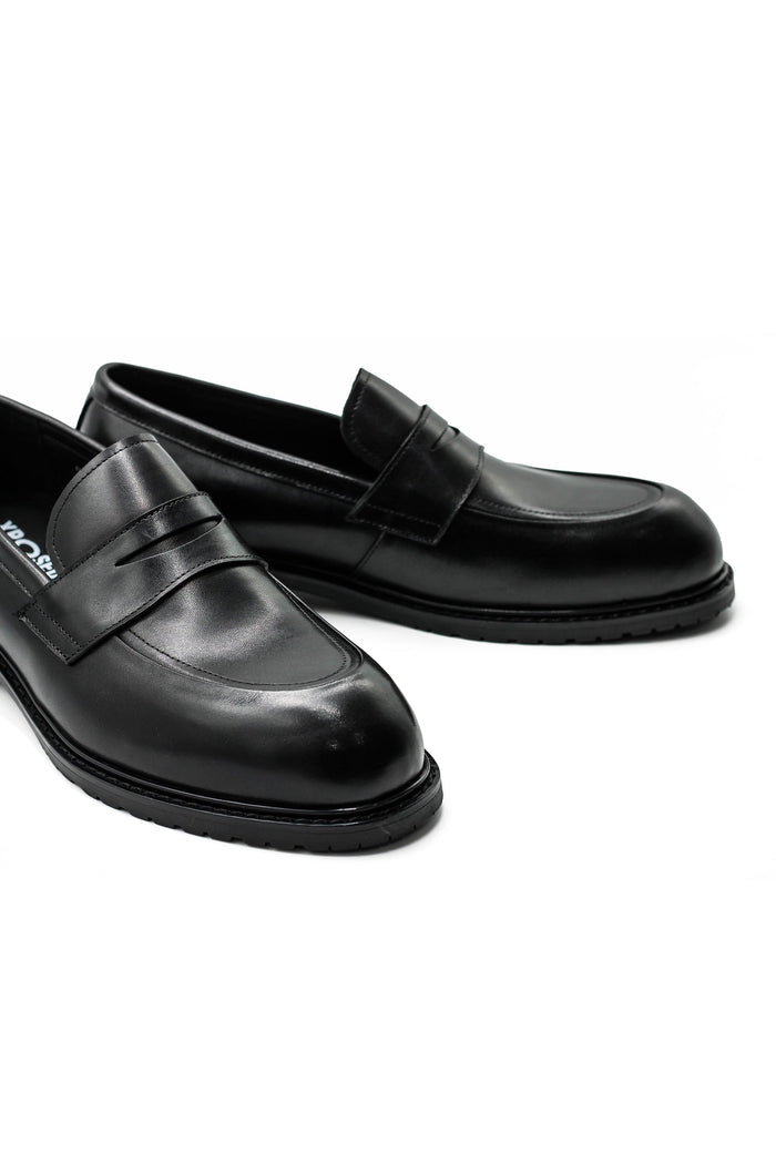 Men’s Black Leather Upper Penny Loafers Chunky Sole