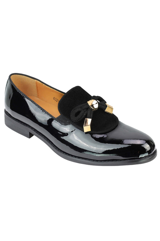 Mens Black Patent Real Leather Glossy Rope Bow Tie Metal Trim Loafers Wedding Party Shoes