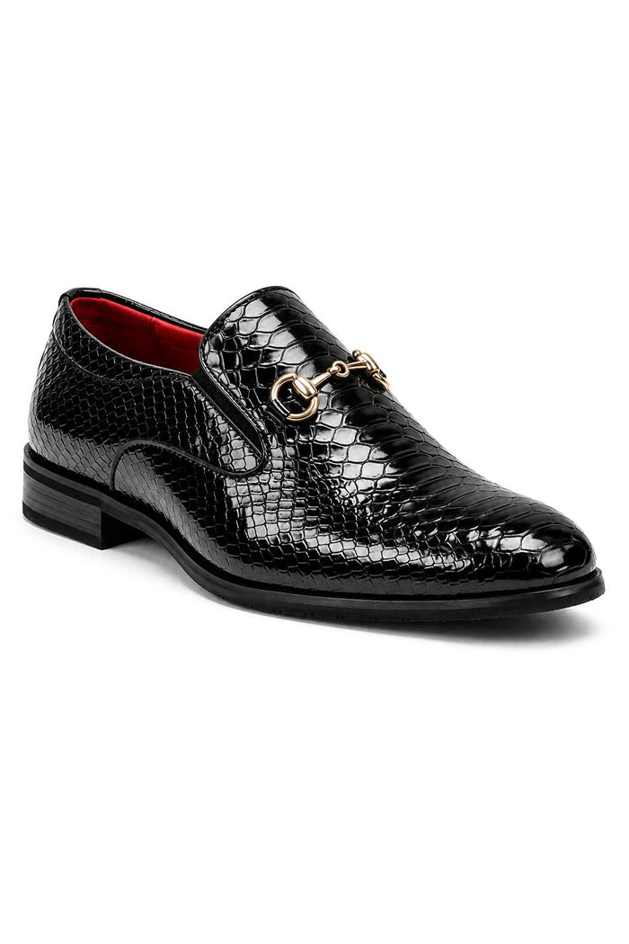 Men’s Black Patent Slip-On Loafers with Gold Snaffle Buckle
