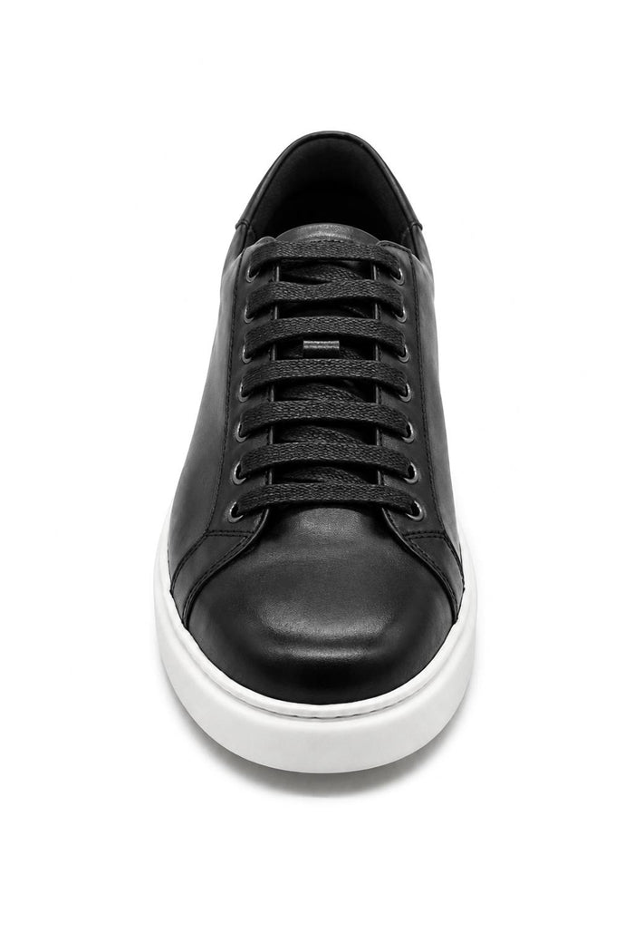 Men's Black Real Leather Lace-Up Trainers White Sole