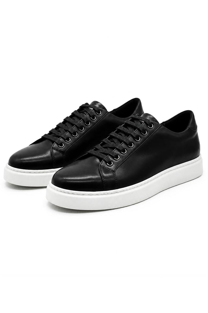 Men's Black Real Leather Lace-Up Trainers White Sole