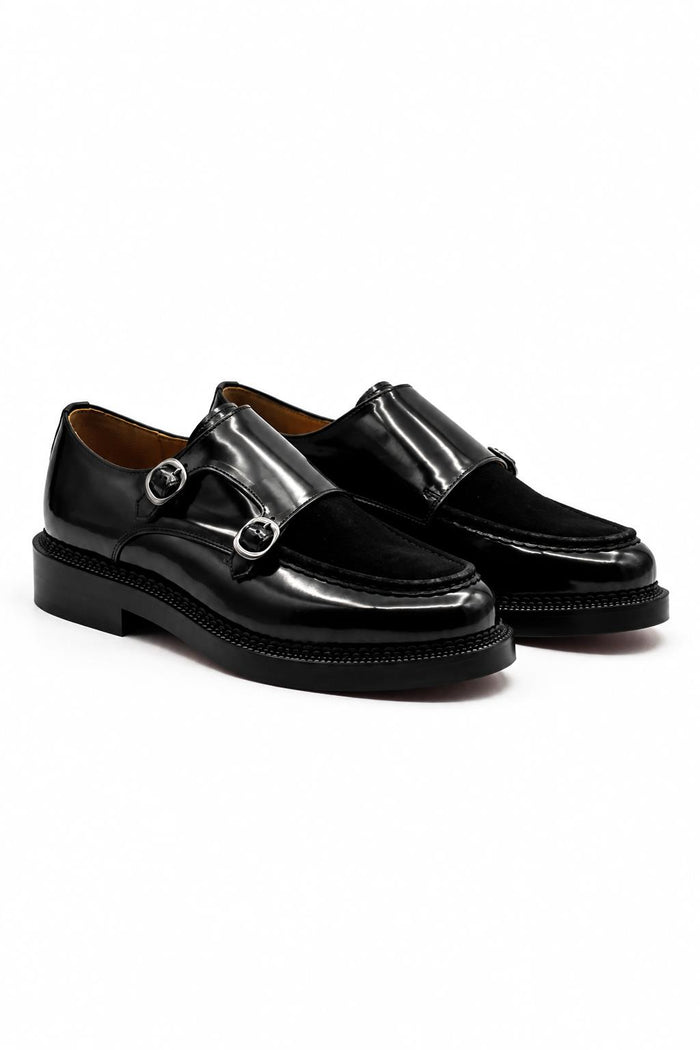 Men's Black Real Leather & Suede Double Monk Strap Shoes