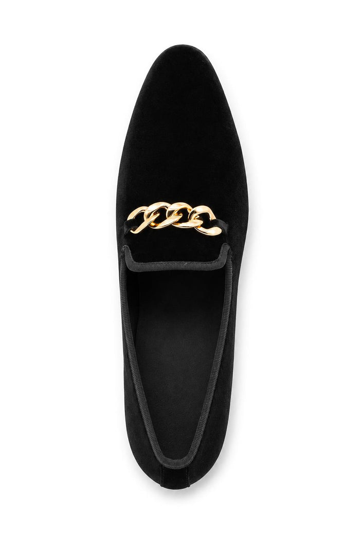 Men's Black Smooth Velvet Gold Chain Dress Loafers