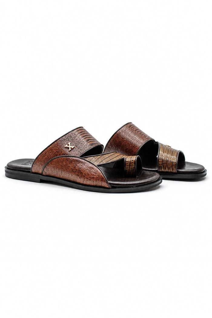 Men's Brown Handmade Real Leather Polished Printed Toe Loop Sandals