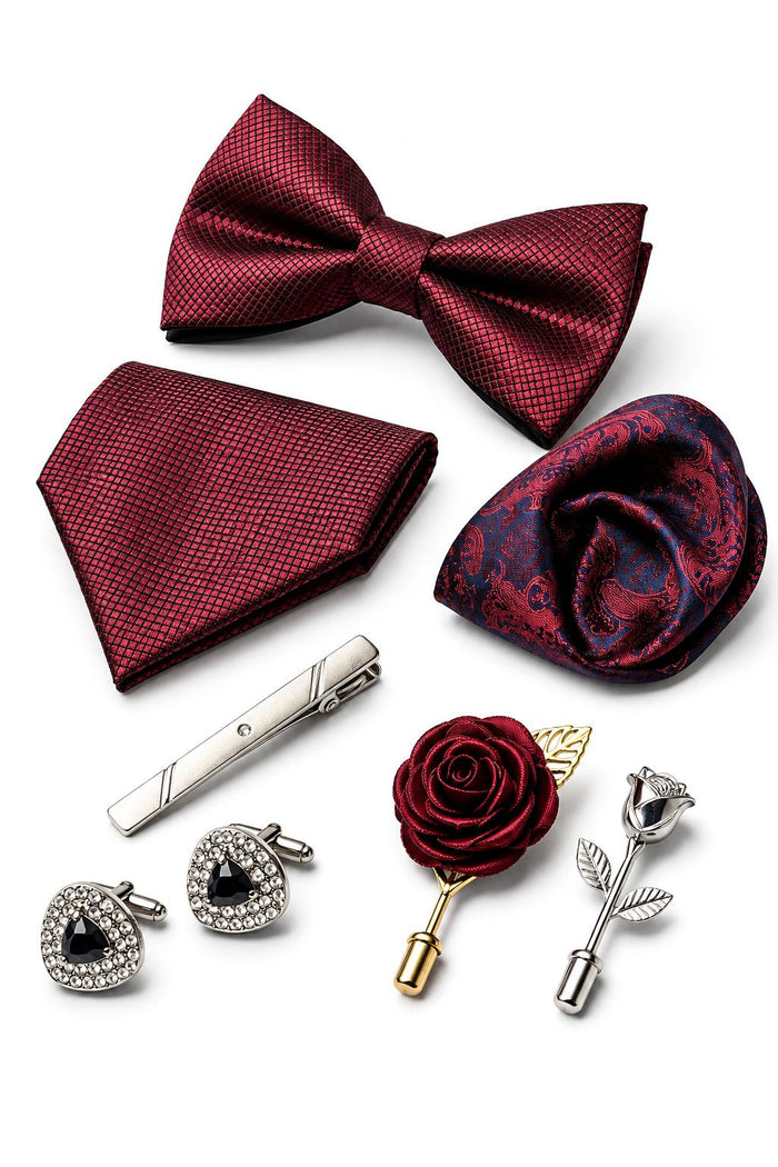 Men’s Burgundy 8-Piece Tie & Bow Tie Wedding Gift Set