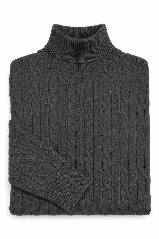 Men's Charcoal Grey 100% Cotton Fine Cable Knit Roll Neck Jumper
