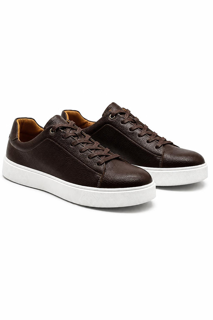 Men’s Coffee Brown Grain-Effect Faux Leather Lace-Up Trainers