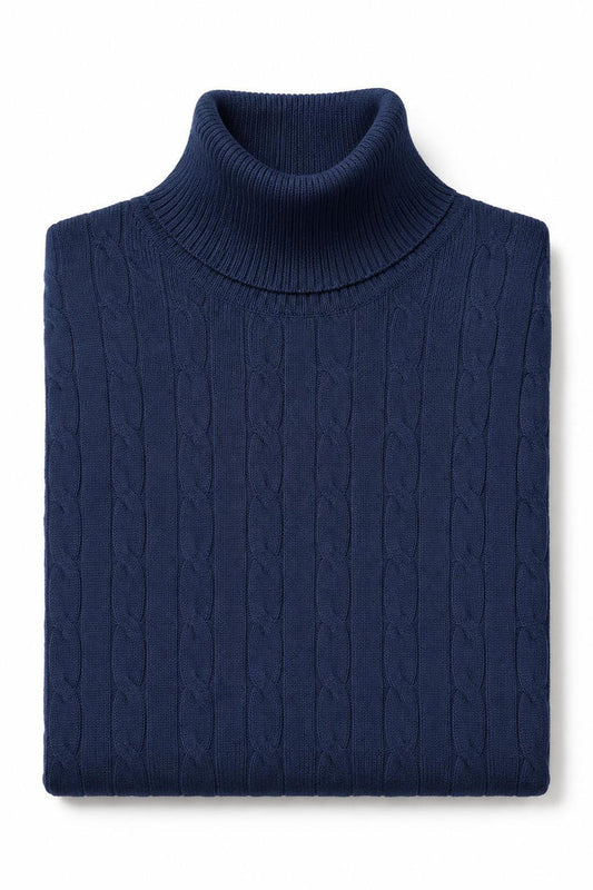 Men's Navy 100% Cotton Fine Cable Knit Roll Neck Jumper