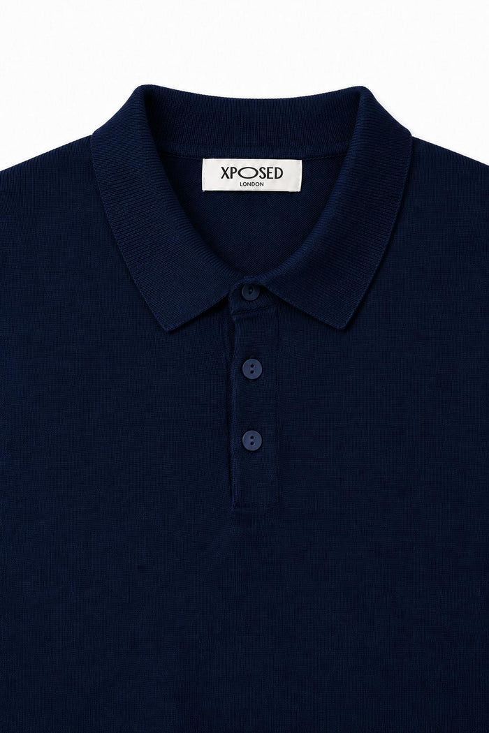 Men's Navy 100% Cotton Fine Knit Button Neck Polo Jumper