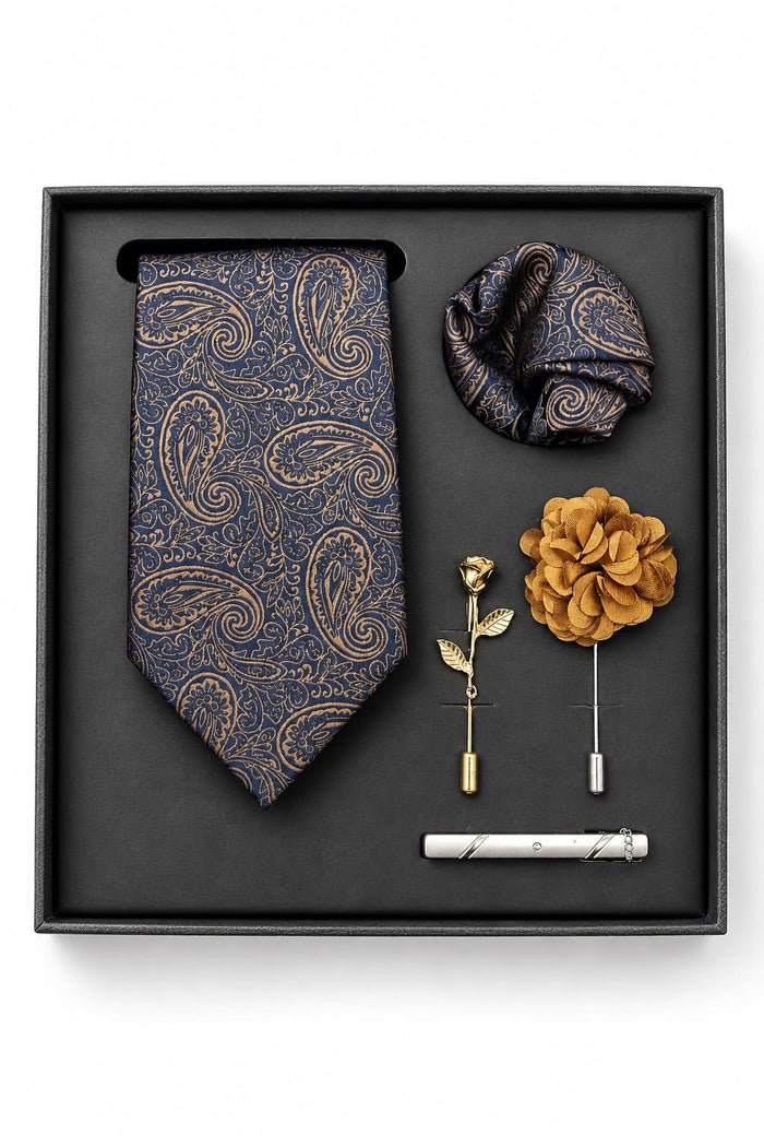 Men’s Navy Blue & Gold Paisley 5-Piece Tie Gift Set
