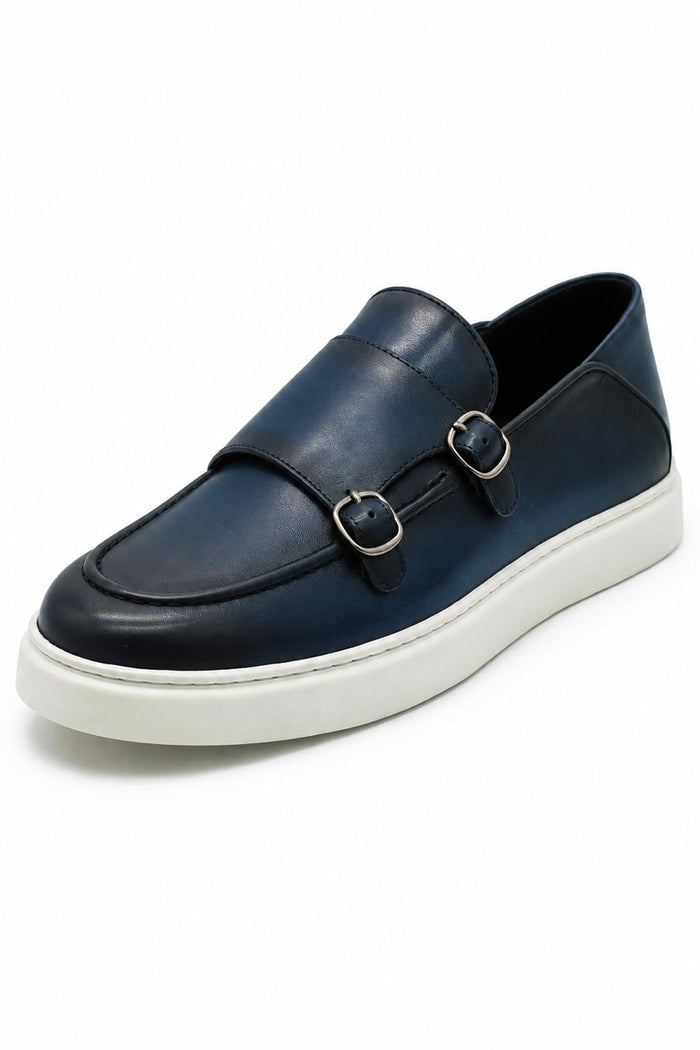 Men's Navy Blue Real Leather Double Monk Strap Trainers White Sole